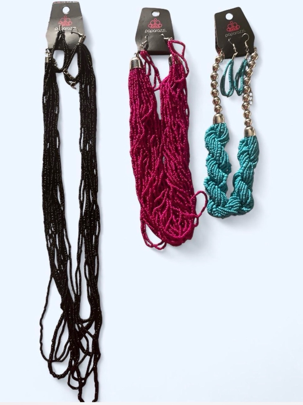 paparazzi Trio Beaded Necklaces — Black, Pink & Teal